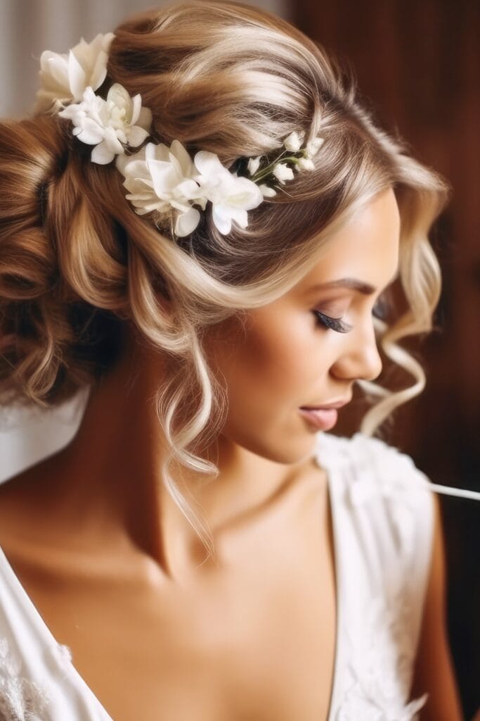 Hairdresser making an elegant hairstyle styling bride with white flowers in her hair